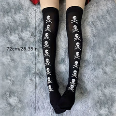 Skull Print Thigh High Socks Halloween Over The Knee Stockings