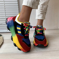 Women's Rainbow Chunky Sneakers Lace-Up Low Top Sports Shoes