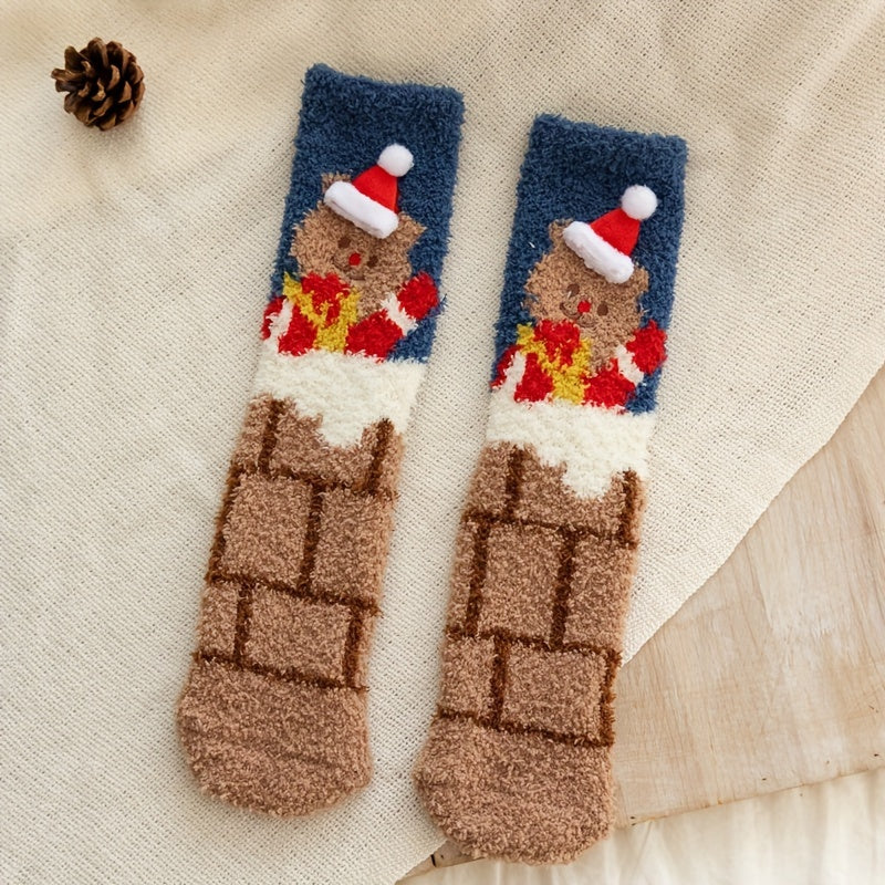 Christmas Bear Print Socks Fuzzy Warm Women's Stockings