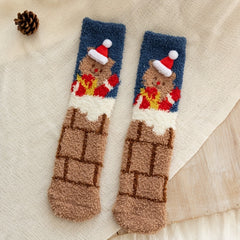 Christmas Bear Print Socks Fuzzy Warm Women's Stockings