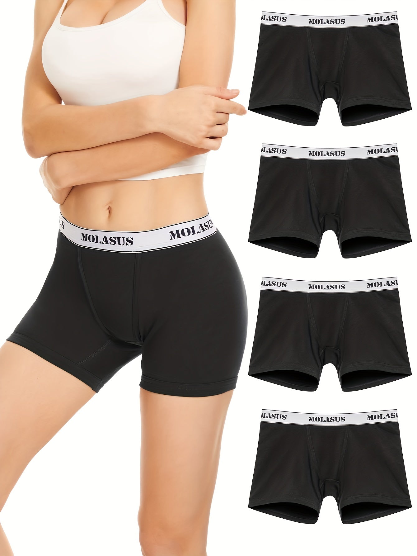 4 Pk Plus Size Panties Set Women's Plus Letter Print Double Layered Boyshorts