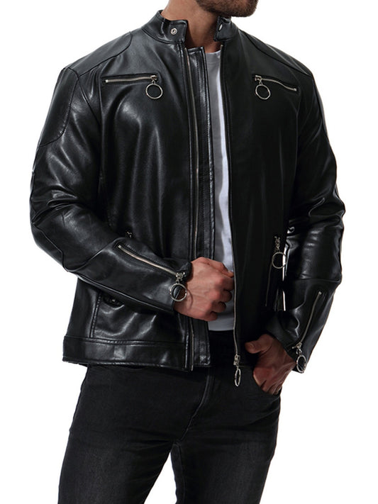 Men's Slim Fit PU Leather Jacket with Stand Collar