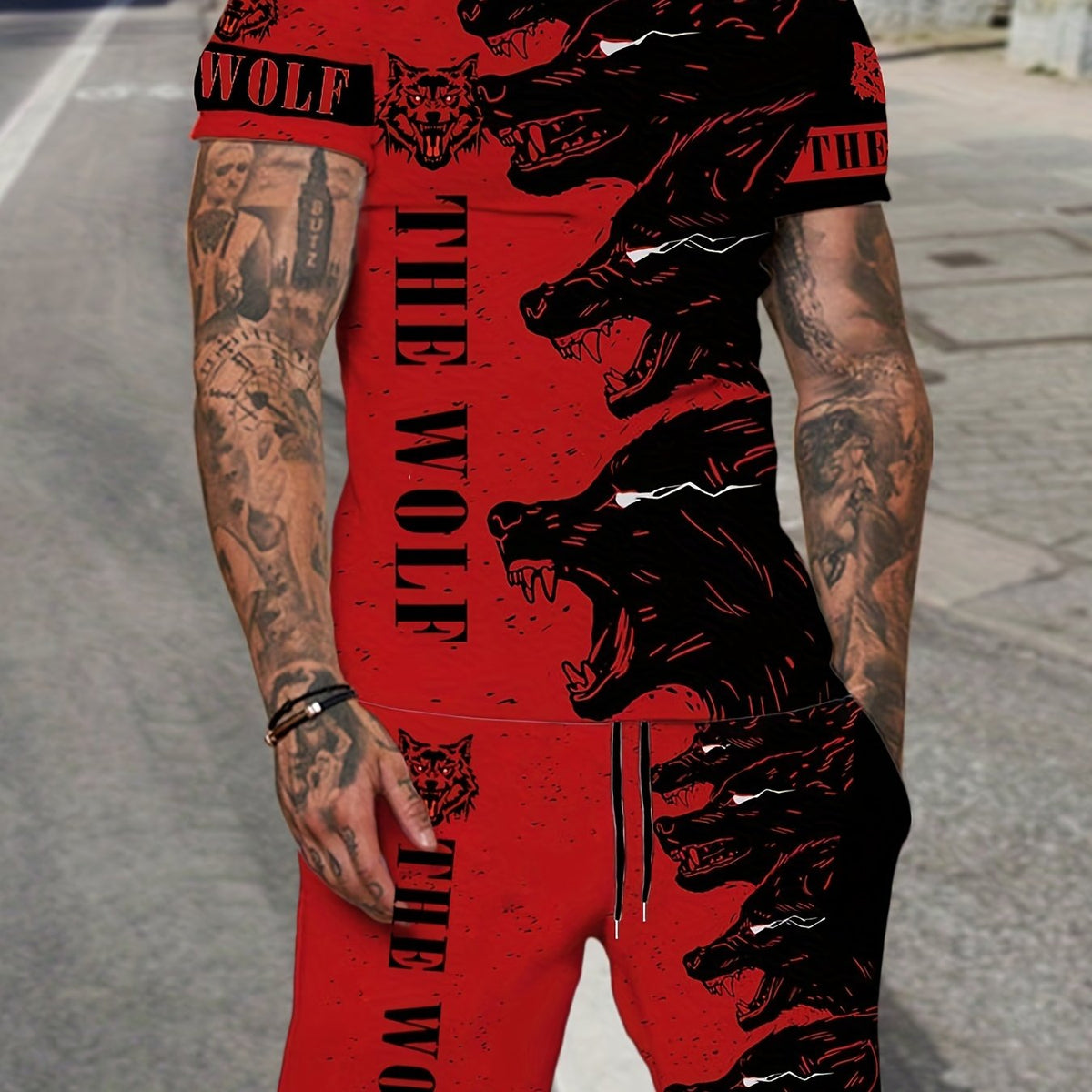 Men's Wolf Print T-shirt & Shorts Set for Outdoor