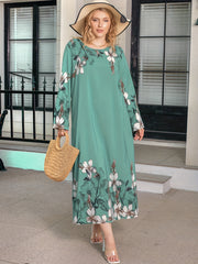  Floral Print Long Sleeve Round Neck Maxi Dress