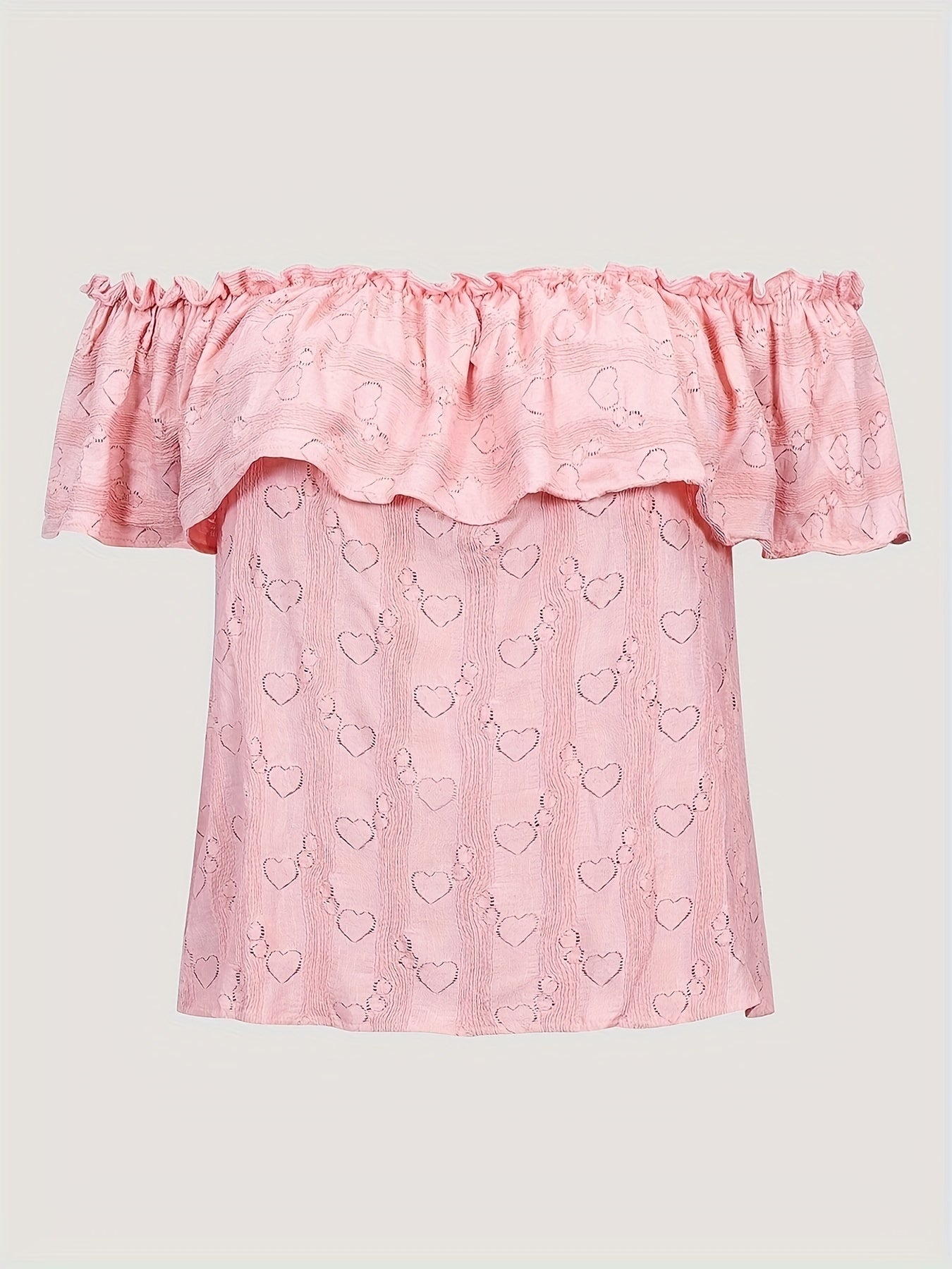  Heart Print Off Shoulder Blouse Ruffle Trim