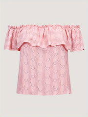 Heart Print Off Shoulder Blouse Ruffle Trim