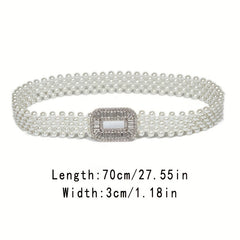 Elastic Faux Pearl Waist Chain Hollow Out Buckle Dress Girdle Chain Belts