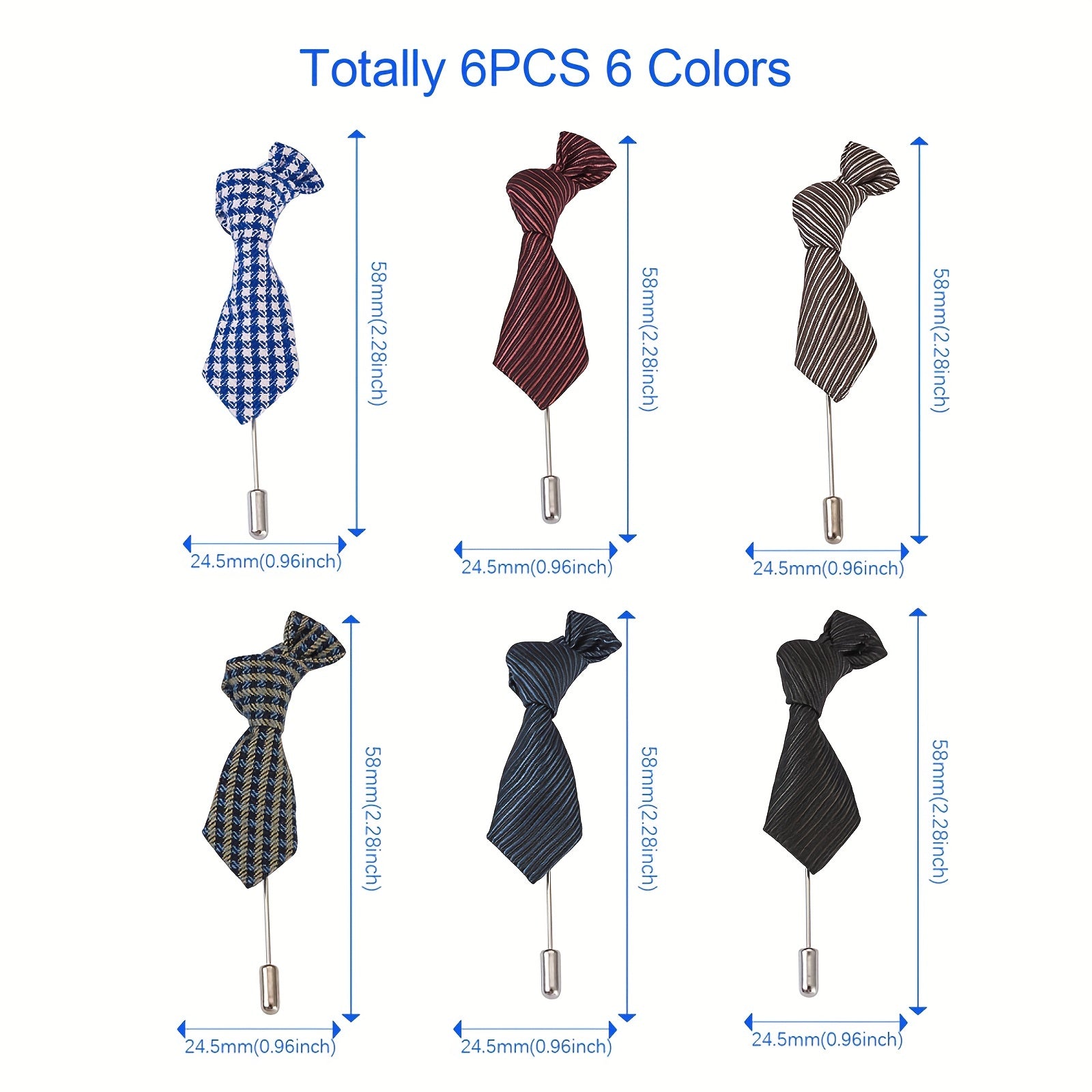 6pcs Polyester Striped Tie Brooches Mixed Colors Suit Shirt Lapel Decoration Men