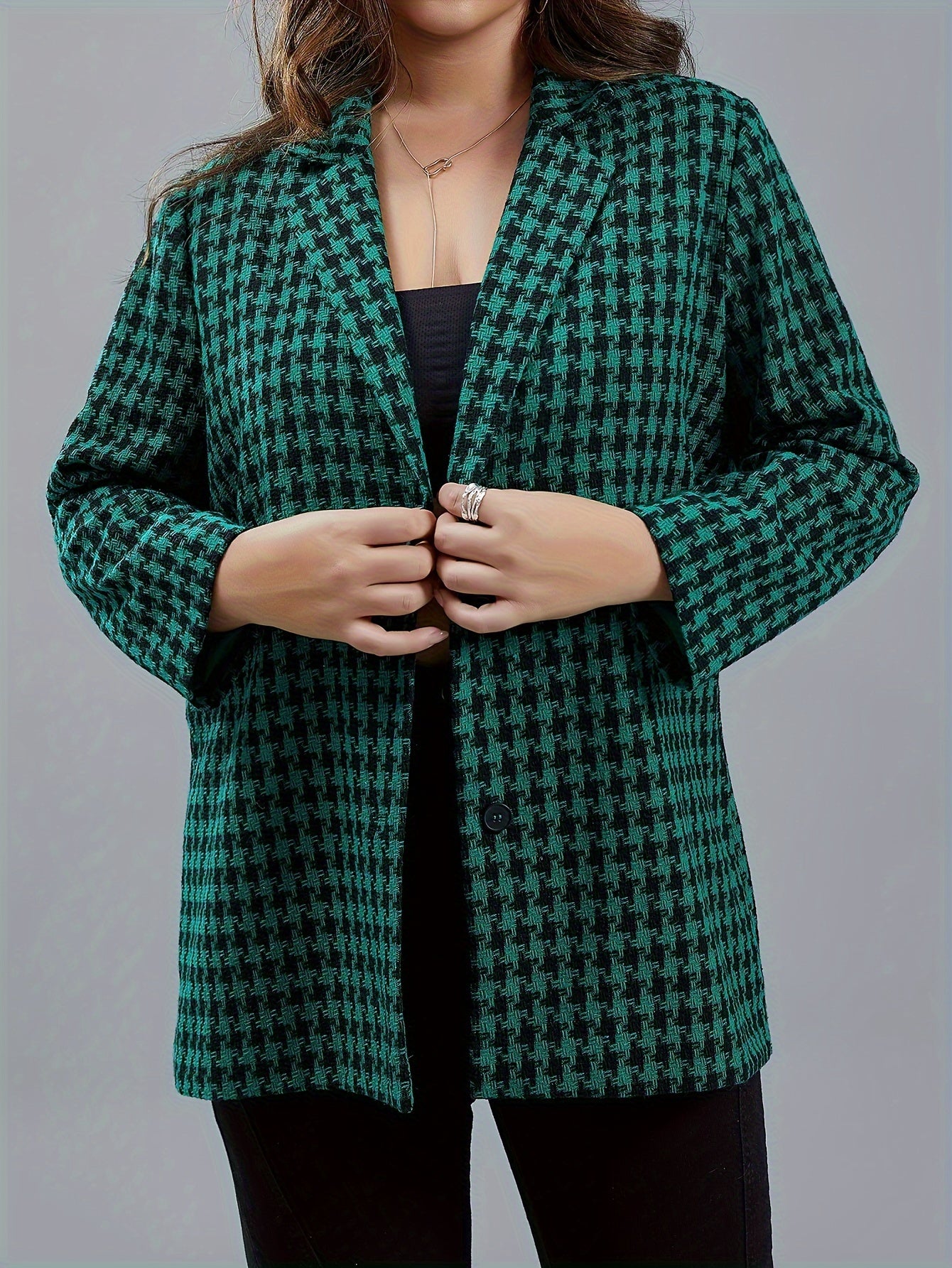  Houndstooth Print Long Sleeve Blazer
