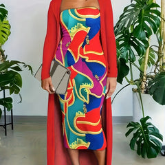  Colorblock Tube Dress & Cardigan Set