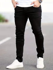 Men's Slim Fit Cotton Jeans, Solid Mid Stretch Denim Pants