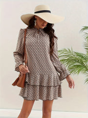  Allover Print Layered Ruffle Trim Flounce Sleeve Dress