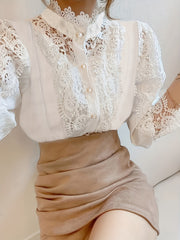  Lace Lantern Sleeve Mock Neck Shirt