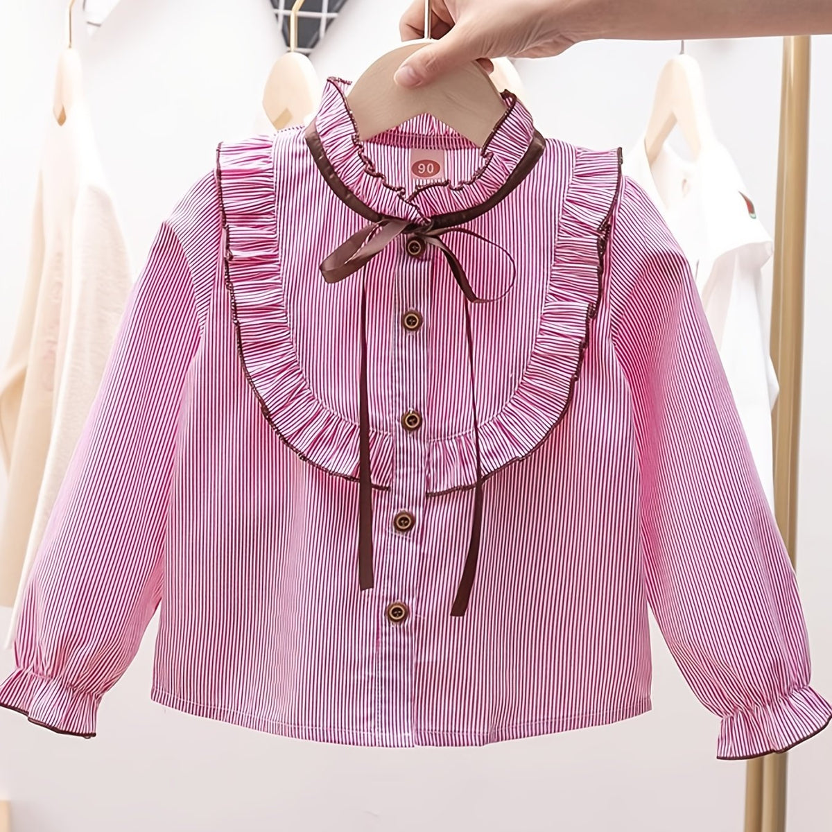 Girls Striped Preppy Shirt Button Down Bow Blouse