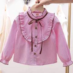 Girls Striped Preppy Shirt Button Down Bow Blouse