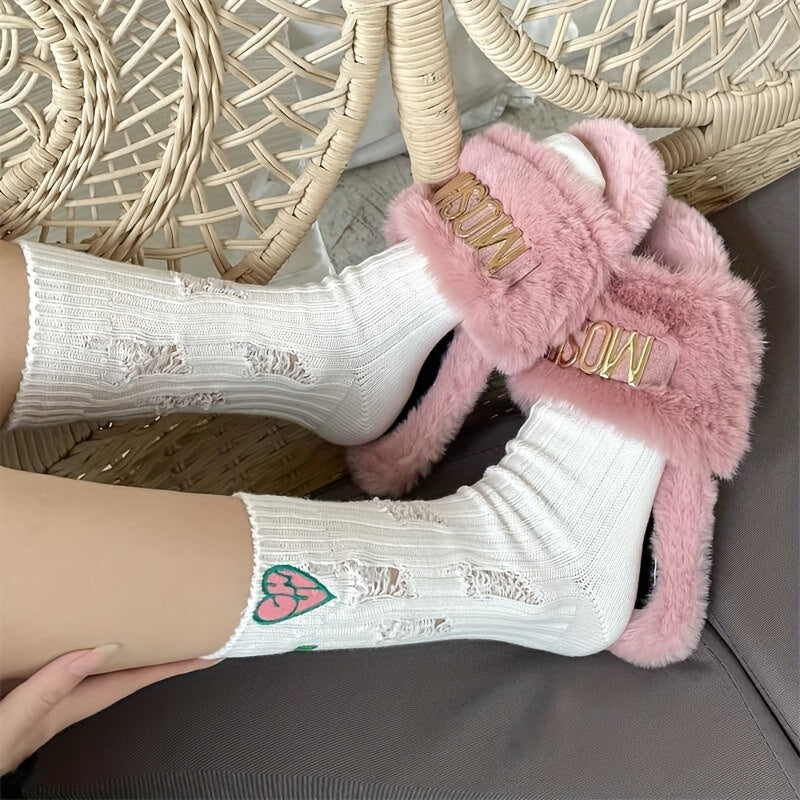 3 Pairs Heart Embroidery Socks Ripped Stockings