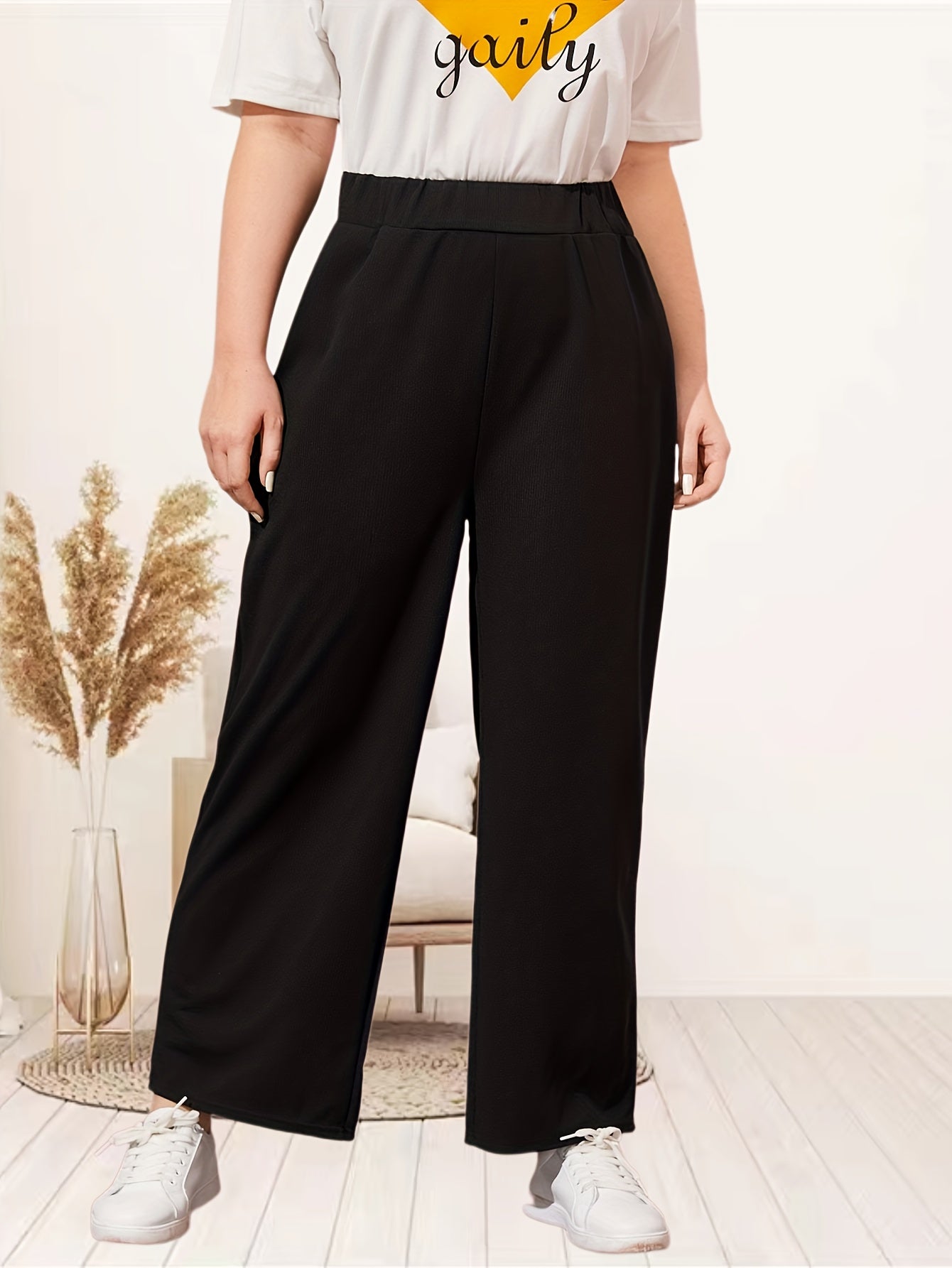  Solid Elastic High Rise Wide Leg Pants
