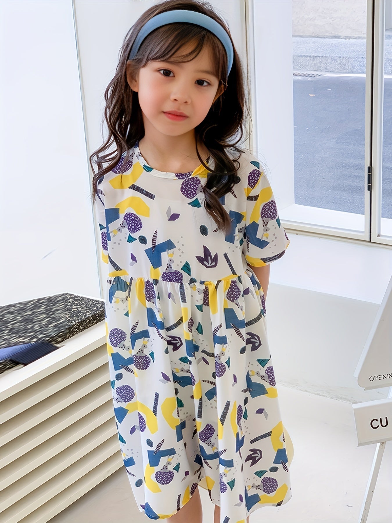 Girl's Geometry Pattern Dress Casual Loose Short Sleeve Crew Neck Summer Beach