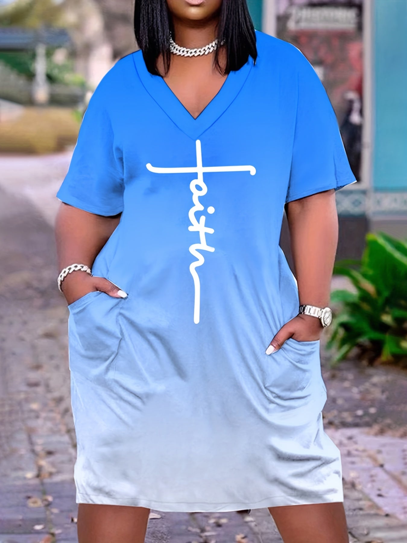  Casual Dress Women's Plus Letter & Ombre Print Short Sleeve V Neck Dre