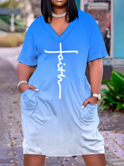  Casual Dress Women's Plus Letter & Ombre Print Short Sleeve V Neck Dre
