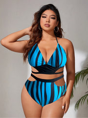  Striped Print Halter Bra & Panty Swimsuit Set