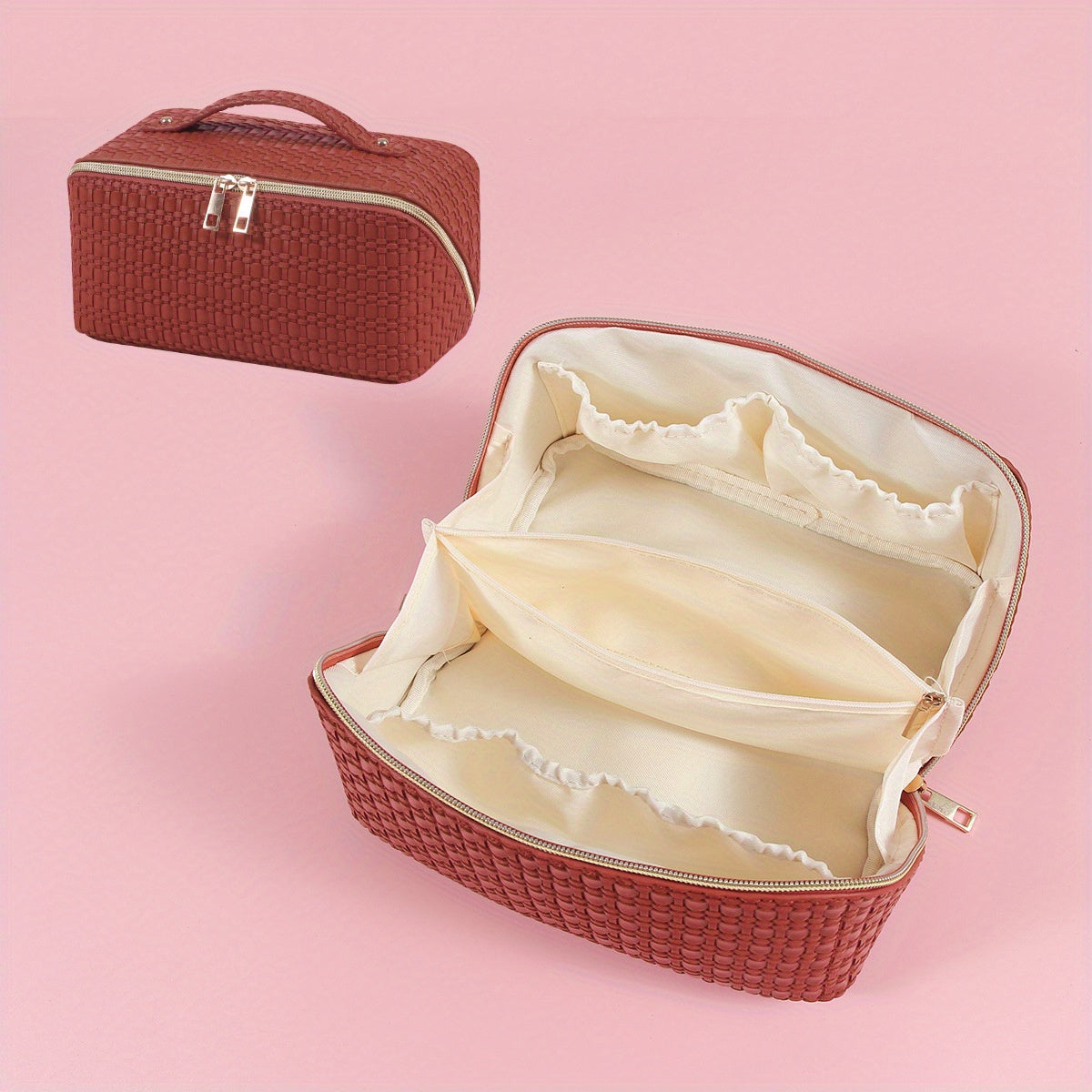 Embossed PU Leather Makeup Storage Bag Zipper Top Handle