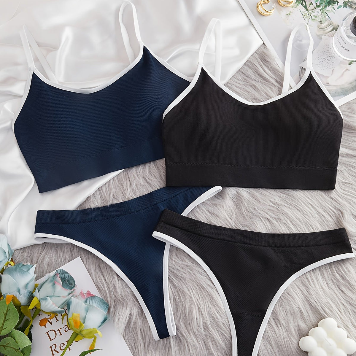 2 Sets Solid Bra & Panties Push Up Bra & Panties Lingerie Set