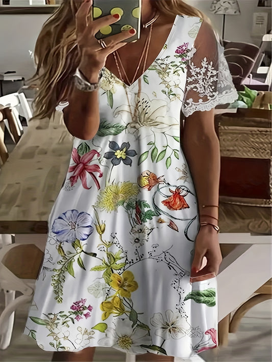  Floral Print Lace Sleeve V Neck Dress