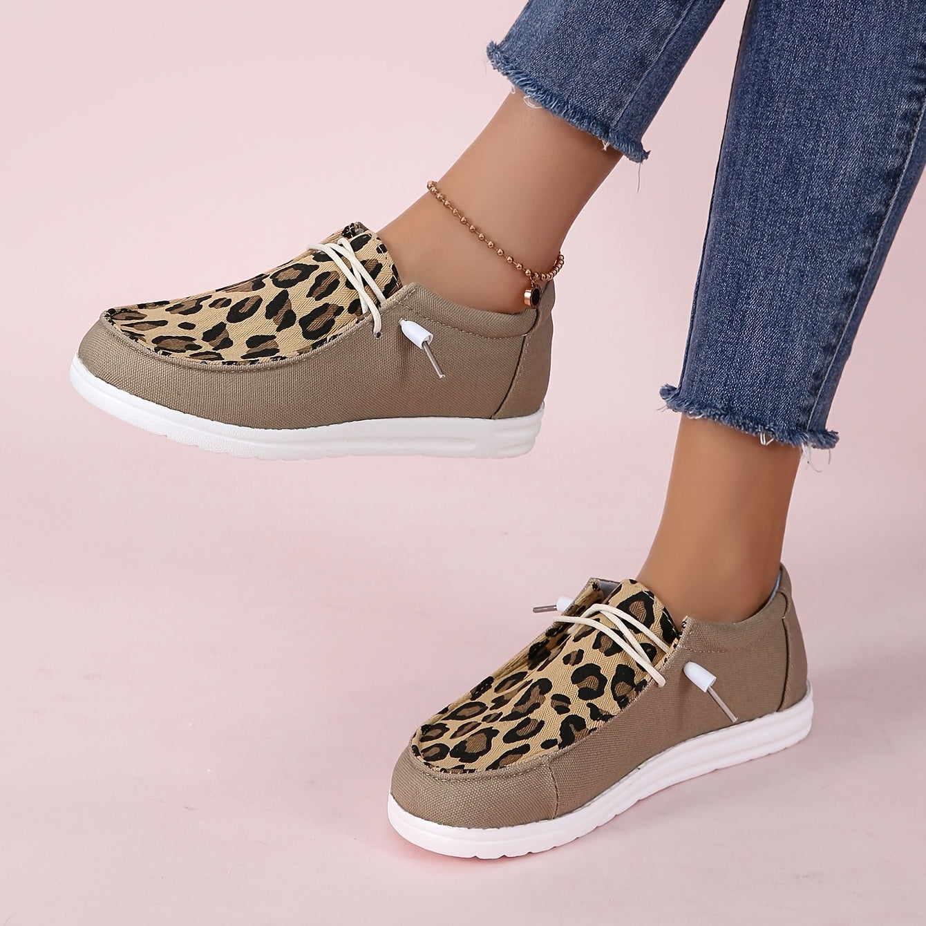 Leopard Print Loafers Lace Up Flat Canvas Shoes Lightweight