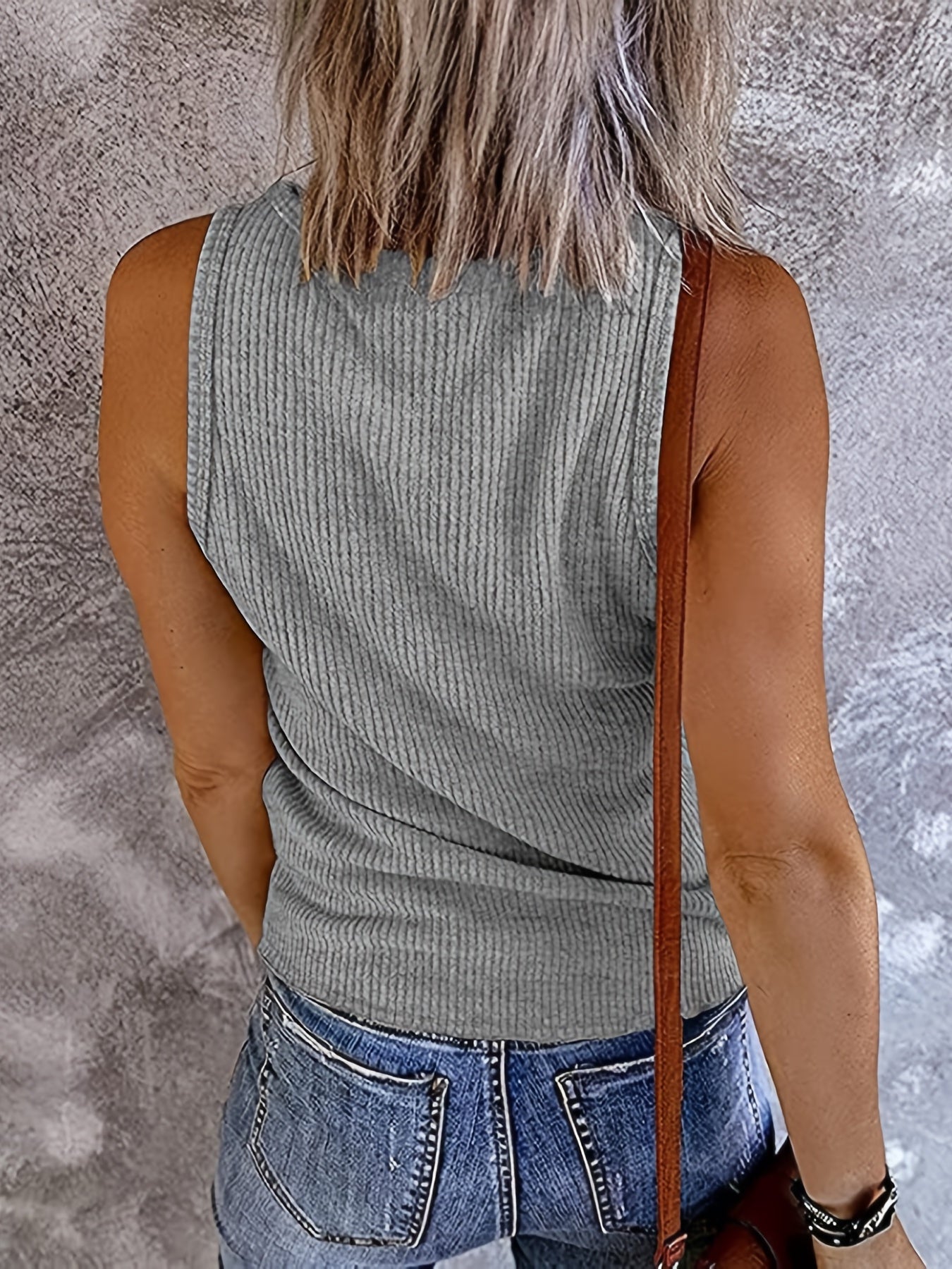 Ribbed Button Tank Top Sleeveless V Neck Casual Women's Top