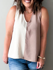  Colorblock Half V Neck Loose Tank Top