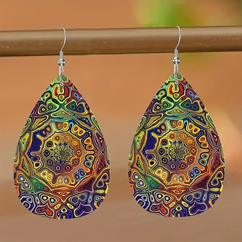 Boho Patterned Leather Teardrop Earrings for Men