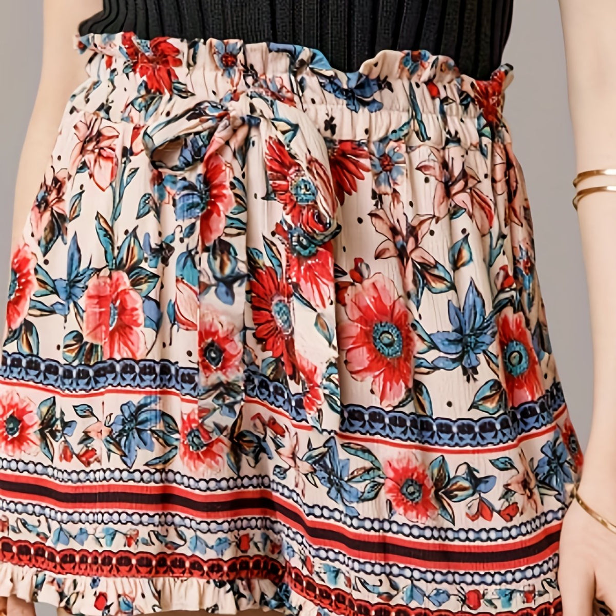  Boho Shorts Women's Plus Floral Print High Rise Waist Band