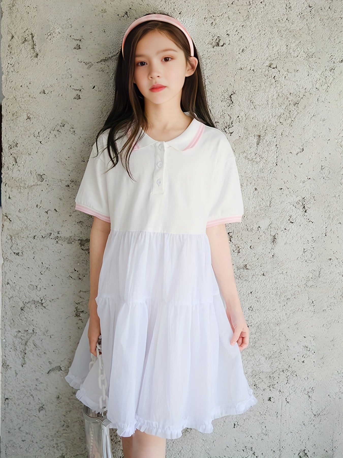 Girls' Cotton Polo Dress Short Sleeve Button Up Casual One Piece