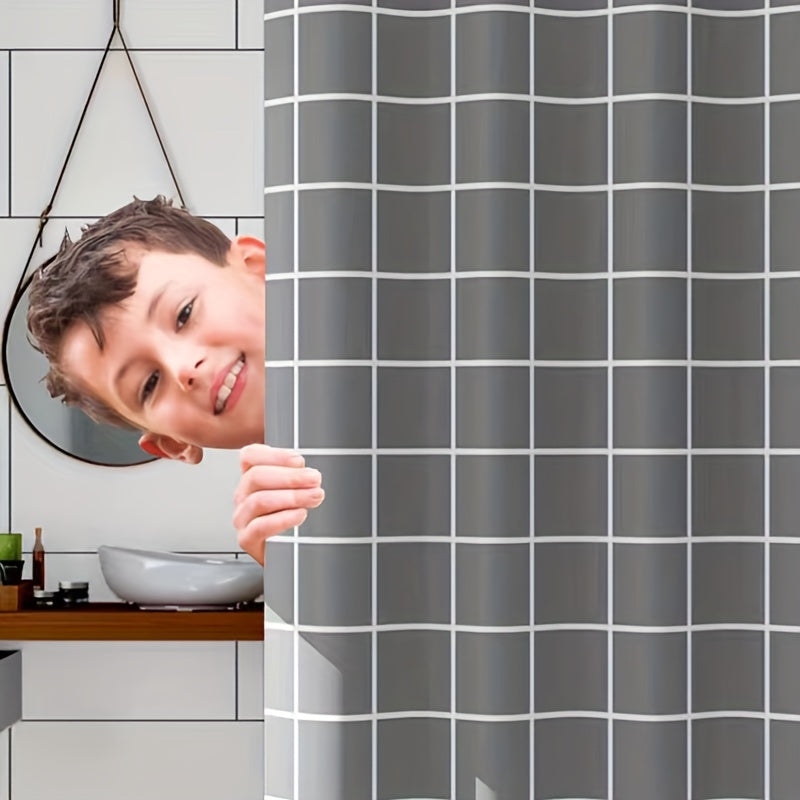 Grey Checkered Shower Curtain PEVA Material Waterproof