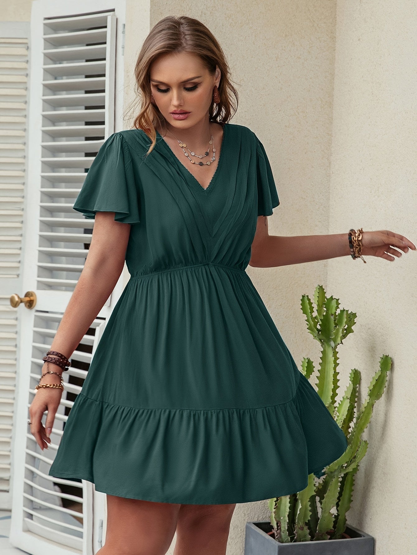  Solid V Neck Mini Smock Dress