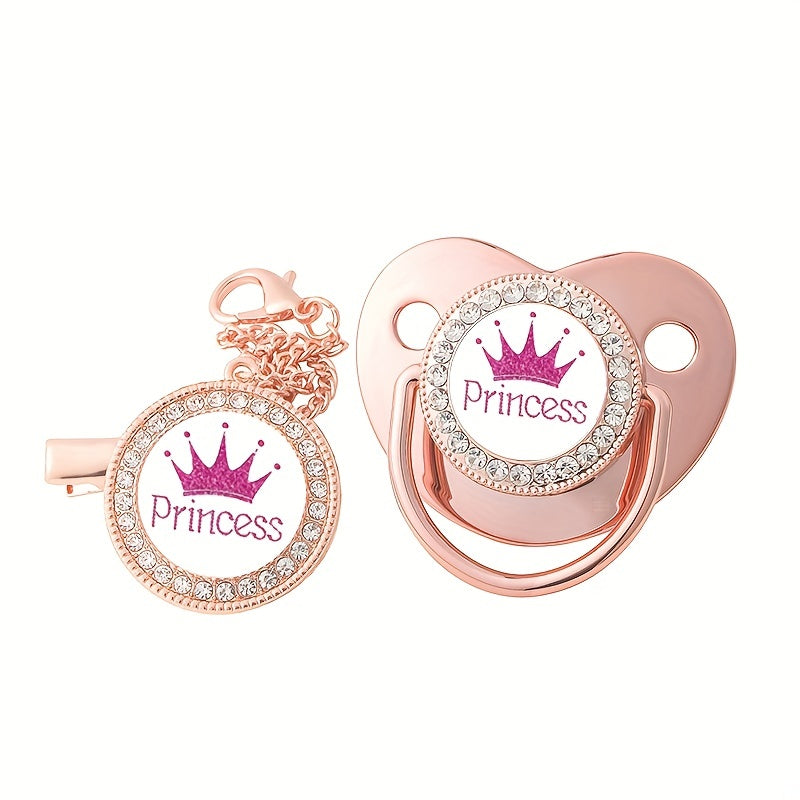 Crown Princess Prince Diamond Pacifier with Chain Clip