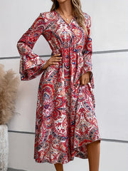 Ethnic Print Midi Dress Boho V Neck Layered Long Sleeve Dress