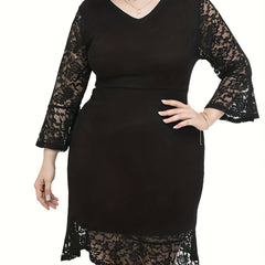  Lace Bell Sleeve V Neck Bodycon Dress