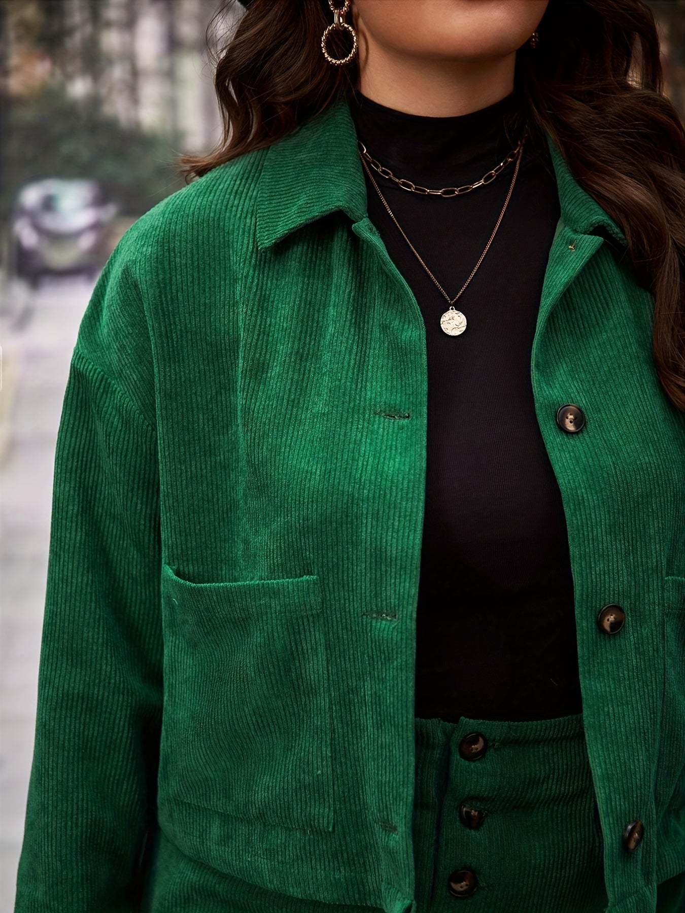  Long Sleeve Corduroy Coat & Mini Skirt Set