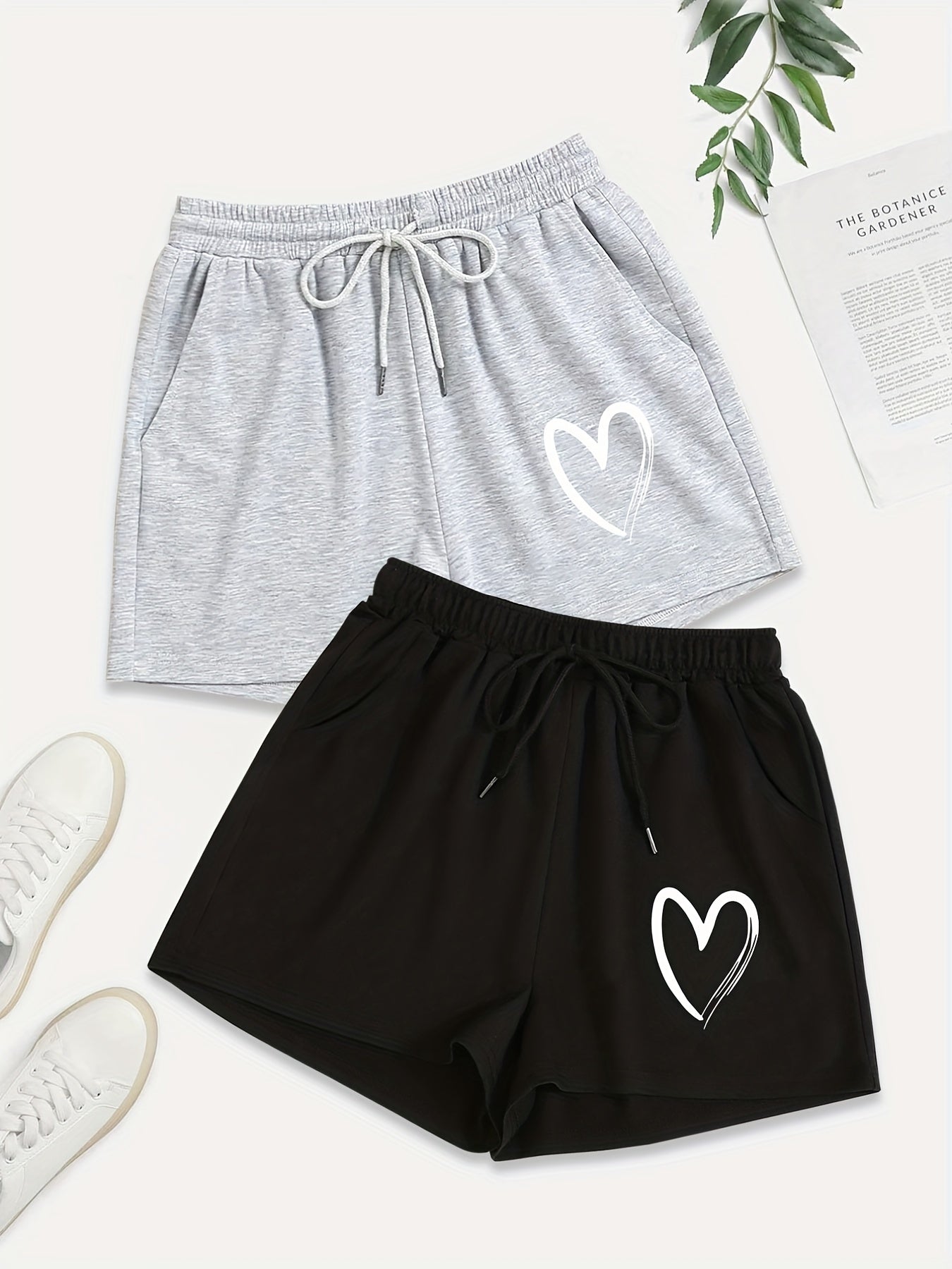 2 Pack Women's Plus Casual Heart Print Drawstring Shorts Set