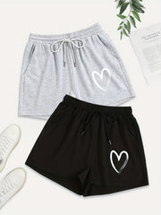 2 Pack Women's Plus Casual Heart Print Drawstring Shorts Set