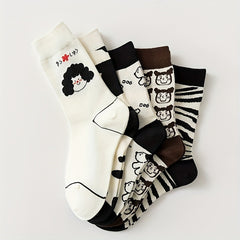 5 Pairs Cartoon Print Socks Comfy & Mid Tube Socks Women's Stockings