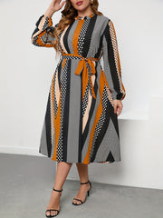  Women's Striped & Polka Dot Print Round Neck Belted Dress