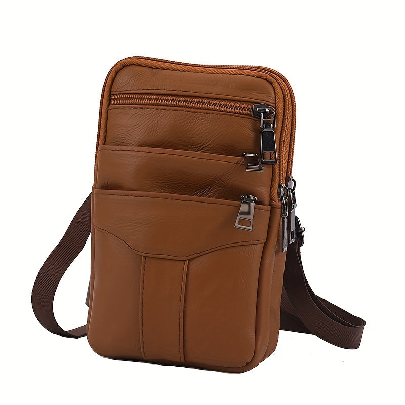 Men's Diagonal Mobile Phone Leather Waist Bag Double Zipper