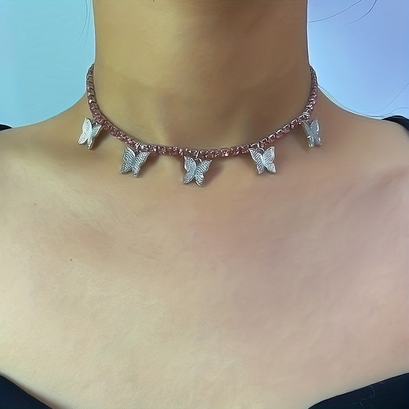Double Row Butterfly Rhinestone Necklace