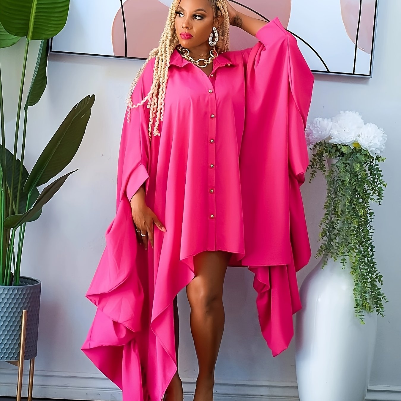  Solid Draped Batwing Sleeve Button Up Shirt Dress