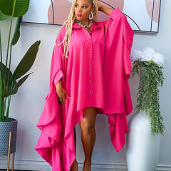  Solid Draped Batwing Sleeve Button Up Shirt Dress