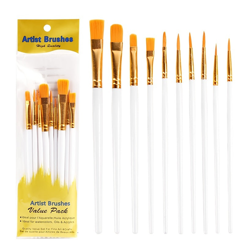 10pcs Watercolor Gouache Painting Brush Set Round Pointed Hook Pen Hair Brushes