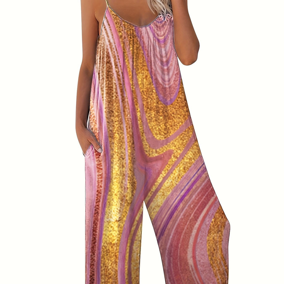  Marble Print Round Neck Wide Leg Cami Jumpsuit